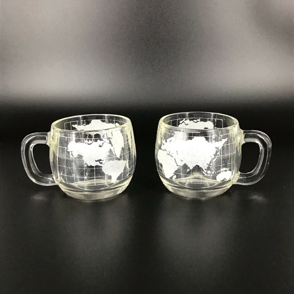 Vintage Pair of Nestle Nescafe 1970’s Clear Glass Globe World Coffee/Tea Mug/Cup